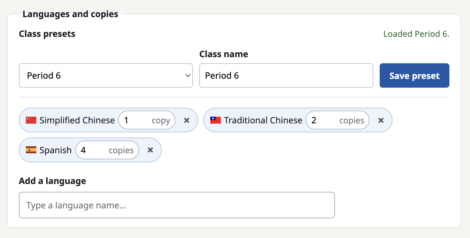 Language copy settings for one Simplified Chinese, two Traditional Chinese, and four Spanish copies